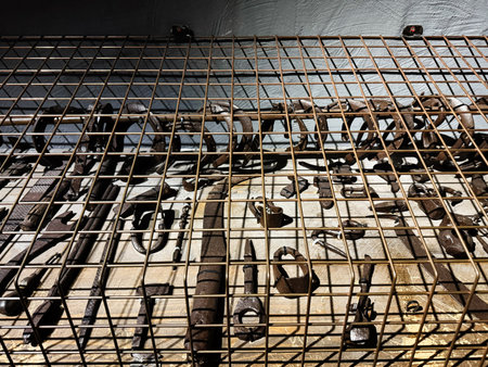 Knock, Ireland - October 22, 2025: Rusty industrial tools and metal parts arranged behind a wire grid in a dim workshop.のeditorial素材