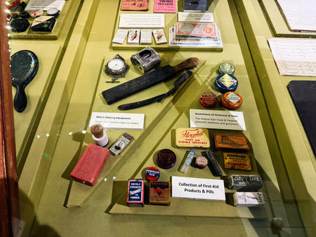 Knock, Ireland - October 22, 2025: Historic medical and grooming items on show in a Knock Ireland display case, highlighting vintage care products.のeditorial素材