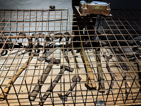 Knock, Ireland - October 22, 2025: Rugged workshop in Knock, Ireland with a rusty metal grid and scattered hand tools.のeditorial素材