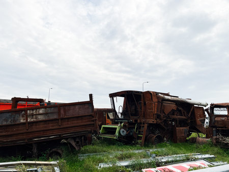 Shehyni, Ukraine - October 22, 2025:  Polish Ukrainian border. Exhibition of burnt farm machineries as a result of the russian war aggression.のeditorial素材