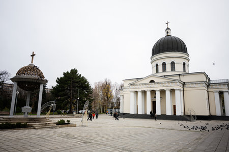 Chisinau, Moldova - November 22, 2025: Elegant neoclassical church in Chisinau, Moldova, surrounded...