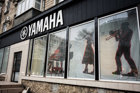 Chisinau, Moldova - November 22, 2025: Urban Yamaha shop windows in Chisinau Moldova featuring...
