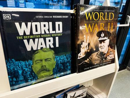 London, UK - December 12, 2025: Two DK visual history books cover World Wars I and II with maps, photos and insights.のeditorial素材