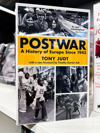 London, UK - December 12, 2025: Black and white collage of people and city scenes with a bold yellow title about postwar Europe. Tony Judtのeditorial素材