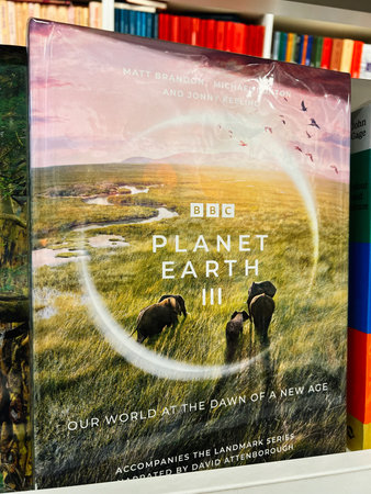 London, UK - December 12, 2025: Elephants wander a grassy savanna on the cover of a BBC Planet Earth III book.のeditorial素材