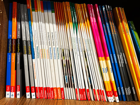 London, UK - December 12, 2025: Colorful row of language study books on a shelf, ideal for education...