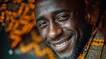 Bright close-up of a smiling man with beads of sweat in a warm orange background.の素材