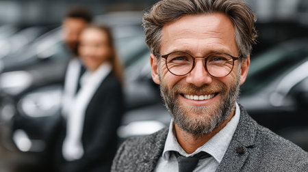 Confident, friendly portrait of a mature man in a blazer with glasses, smiling outdoors.の素材