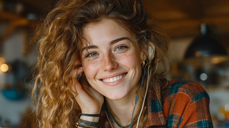 Friendly portrait of a young woman with curly hair and freckles wearing headphones in a warm, cozy indoor space.の素材