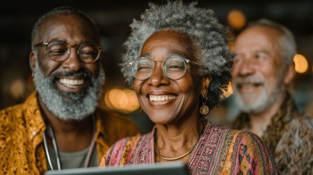 Three cheerful elderly friends posing together, radiating joy and companionshipの素材
