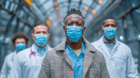 Group of confident medical doctors wearing face masks in a contemporary environment.の素材