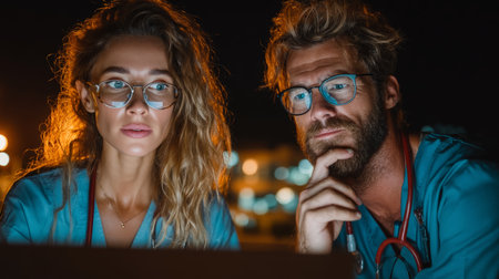 Doctors and nurses engaged in teamwork and medical analysis during nighttime shift.の素材