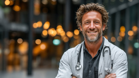 Smiling medical professional wearing a stethoscope in a contemporary medical facility hallの素材