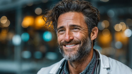 Confident male doctor smiling warmly indoors with a stethoscopeの素材