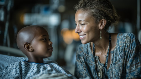 A compassionate healthcare professional interacting with african child patient in a hospital ward.の素材