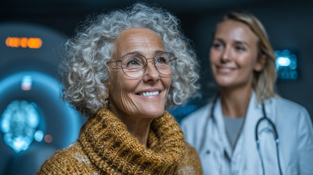 Senior woman and doctor sharing positive moment during healthcare consultationの素材
