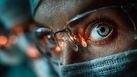 Detailed view of surgeon's intense gaze during a precise medical procedure with loupes.の素材