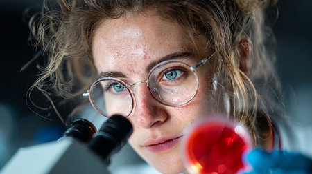Scientist examines a red culture sample, focusing in a cutting-edge laboratory.の素材