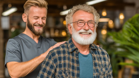 Smiling elderly man receiving physical therapy from a professional therapist in a clinic.の素材