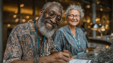 Friendly doctors collaborating at the reception desk for patient careの素材