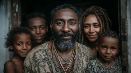Heartwarming moment of a cheerful brazilian family united in their welcoming home settingの素材