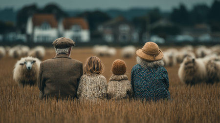 A family enjoys a serene moment in a rural field surrounded by sheep.の素材