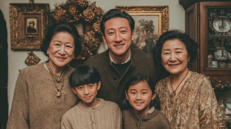 A cheerful asian family portrait displaying three generations together in warm indoor surroundingsの素材