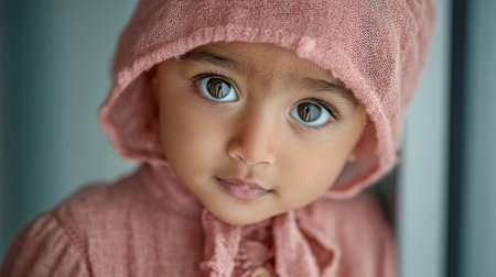 A close-up of arab baby in a pink hooded sweater, looking adorable and curiousの素材