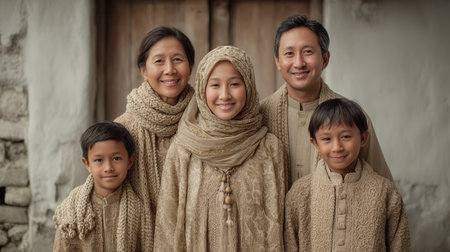 A smiling family of five dressed in traditional islam attire posing happily together outside.の素材