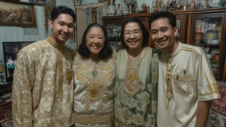 Group of four brunei people in cultural clothing posing indoors with warm smilesの素材