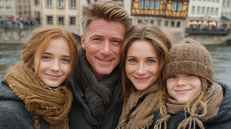 Happy german family portrait outdoors showing warmth and closeness by a historic locationの素材