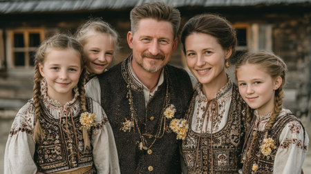 Smiling estonian family members wearing traditional clothing gathered together outside in rural environmentの素材