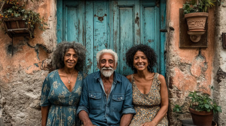 Three cuban family members smile while sitting by a charming, colorful, aged door.の素材