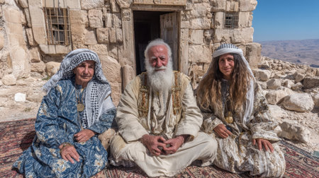 Group of people in arabian traditional attire sitting before an ancient stone building outdoorの素材