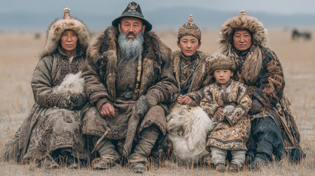 Nomadic mongolic family in traditional attire amidst a natural landscape, expressing cultural heritage.の素材