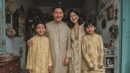 A joyful malay family of four dressed in traditional attire, smiling at the cameraの素材