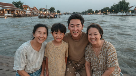 Smiling thai family sitting by a tranquil riverside with calm water and serene viewsの素材