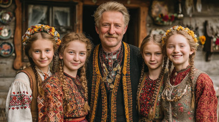 A family lithuanian dressed in traditional attire, smiling together in a cultural environment.の素材