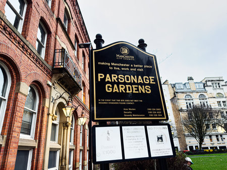 Manchester, UK - January 21, 2026: Public park sign in Manchester show case Parsonage Gardens with...