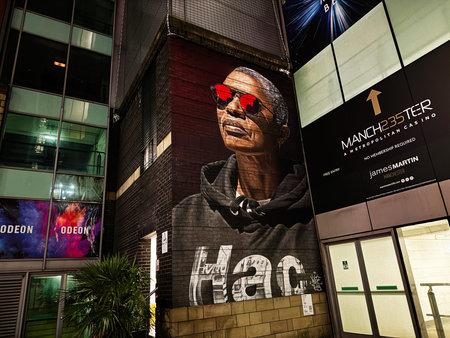 Manchester, UK - January 21, 2026: Urban night scene in Manchester featuring a bold mural of a woman with red sunglasses and hoodieのeditorial素材