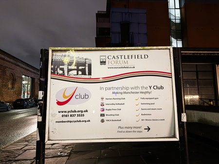 Manchester, UK - January 21, 2026: Signboard for Castlefield Forum in Manchester promoting the Y Club partnership and local activities.のeditorial素材