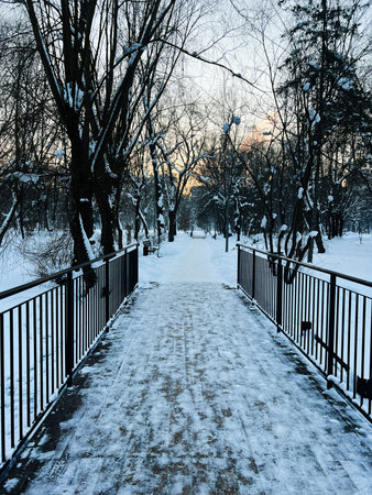 A snow covered bridge in a quiet park with bare trees and soft sunset light.の写真素材