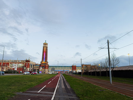 Manchester, UK - January 23, 2026: Vibrant urban Trafford Centre scene in Manchester showing a tall clock tower, trams, and modern buildings.のeditorial素材