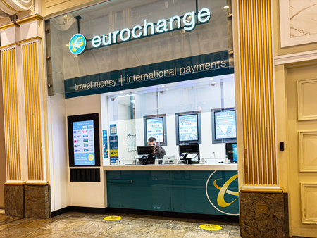 Manchester, UK - January 23, 2026: Currency exchange booth at the Trafford Centre in Manchester offering travel money and international payments.のeditorial素材