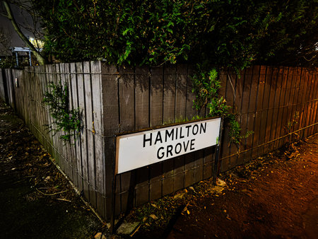 Urban Hamilton Grove street sign in Manchester beside graffiti and overgrown greenery along a wooden fence.の写真素材