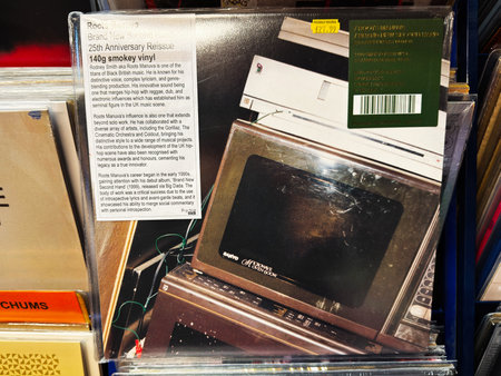 Manchester, UK - February 28, 2026: Close up of Roots Manuva Brand New Second Hand vinyl on display...