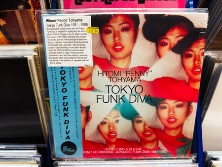 Manchester, UK - February 28, 2026: Colorful 1980s Japanese funk vinyl sleeve featuring Hitomi Penny...