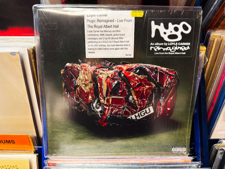 Manchester, UK - February 28, 2026: Loyle Carner Hugo Remagined 2023 vinyl displayed in a shop...