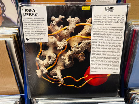 Manchester, UK - February 28, 2026: Close-up of Lesky Meraki R&B vinyl displayed in a shop showing...
