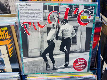 Manchester, UK - February 28, 2026: Black and white album cover of flamenco dancers on the Picaro Vol 4 record displayed among vinyl at a shop.のeditorial素材